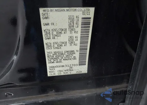 2011 Nissan Titan Sv from USA, damaged, VIN 1N6BA0EKXBN312703